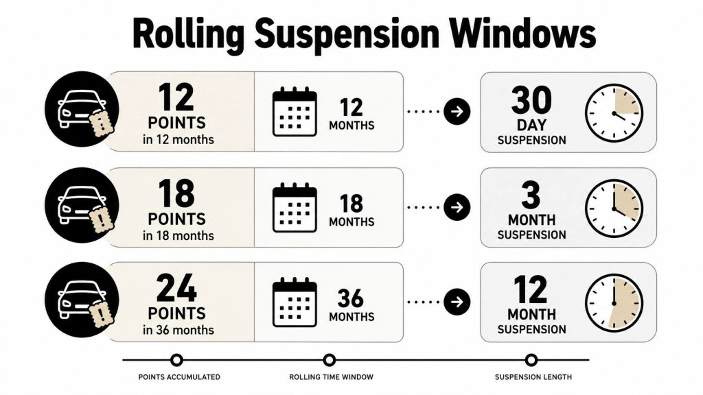 A diagram illustrating Florida's rolling suspension window rules based on driving points accumulated over specific timeframes.