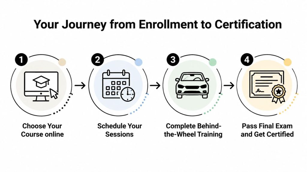 A four-step infographic illustrating the driving school certification process from online enrollment to final exam.