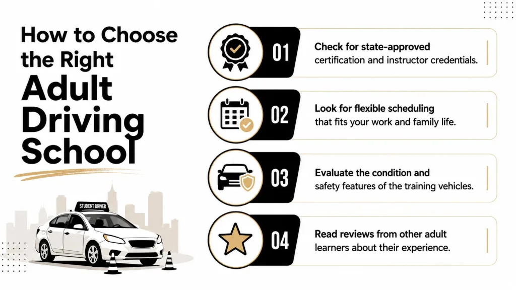 An infographic titled How to Choose the Right Adult Driving School with four tips for selection.