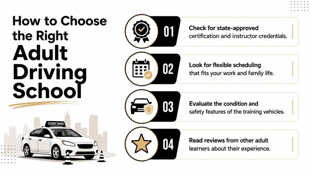 An infographic titled How to Choose the Right Adult Driving School with four tips for selection.