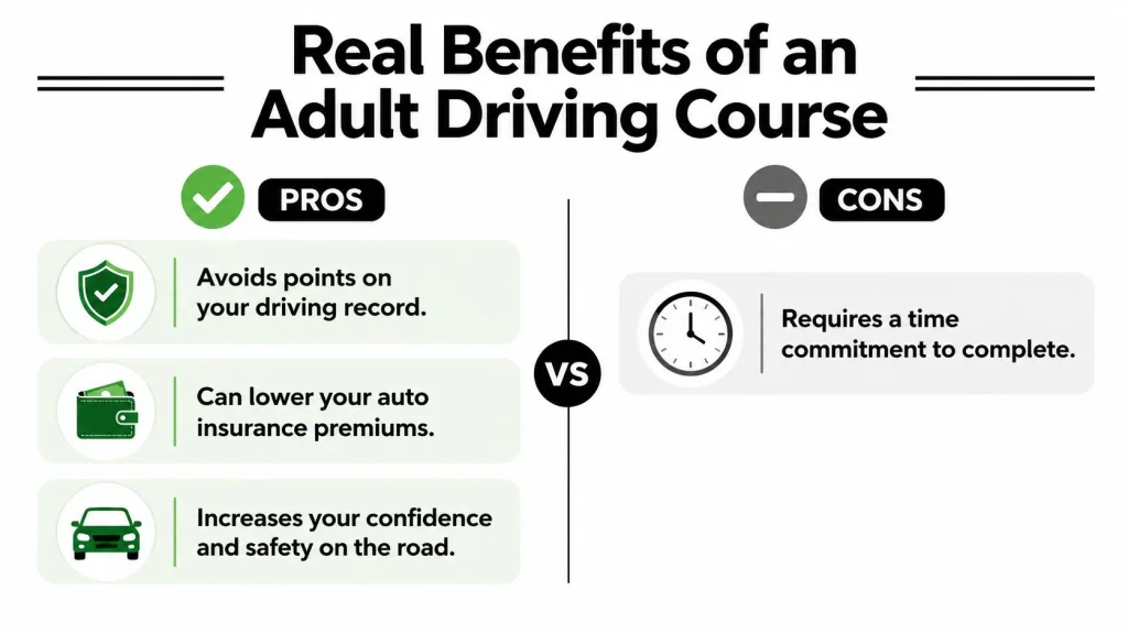 An infographic comparing the pros and cons of an adult driving school course for drivers.