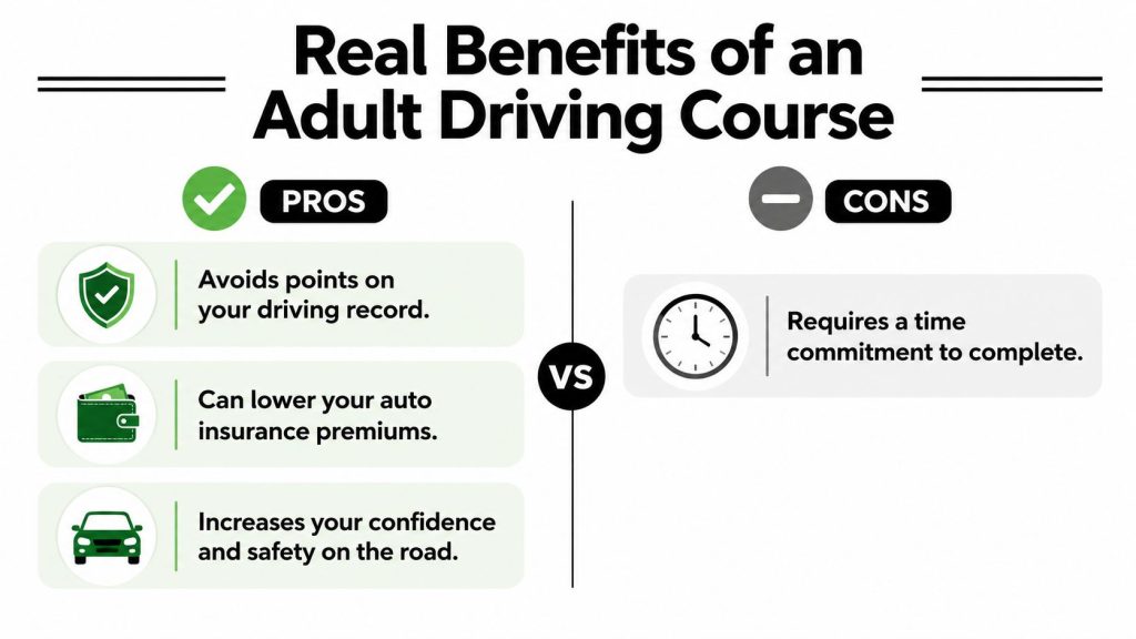 An infographic comparing the pros and cons of an adult driving school course for drivers.