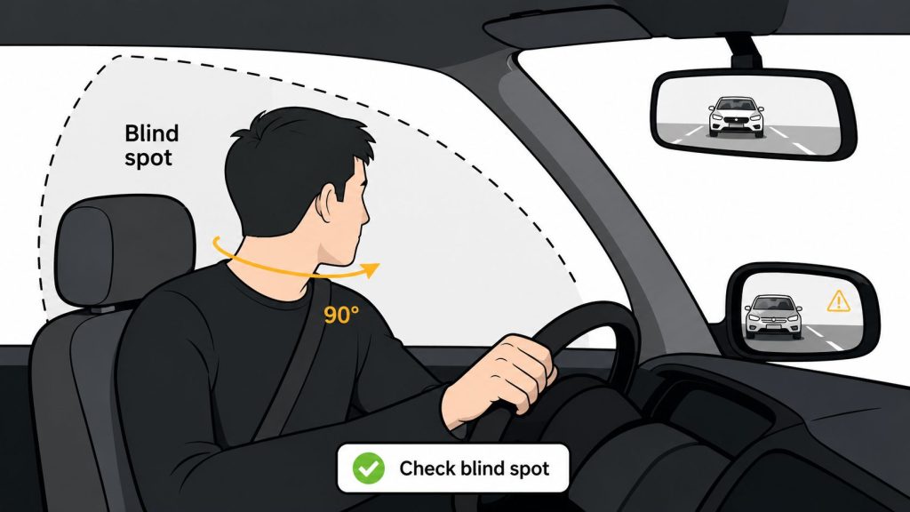 A driver looking over their shoulder to check the blind spot while operating a vehicle.