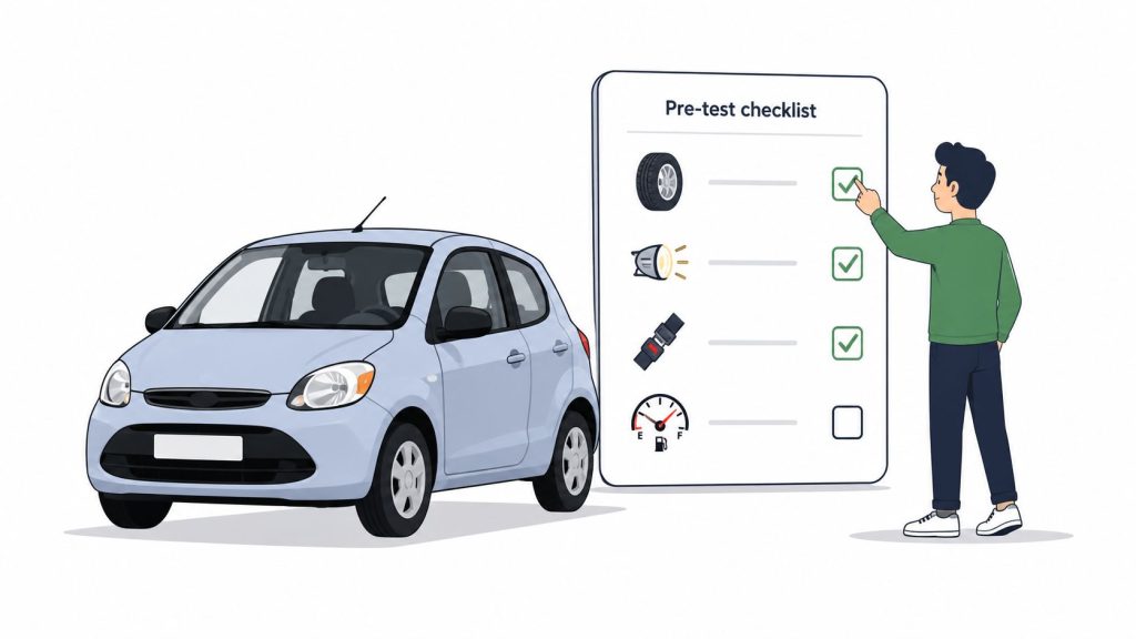 A person checking items off a pre-test checklist next to a light blue car before driving.
