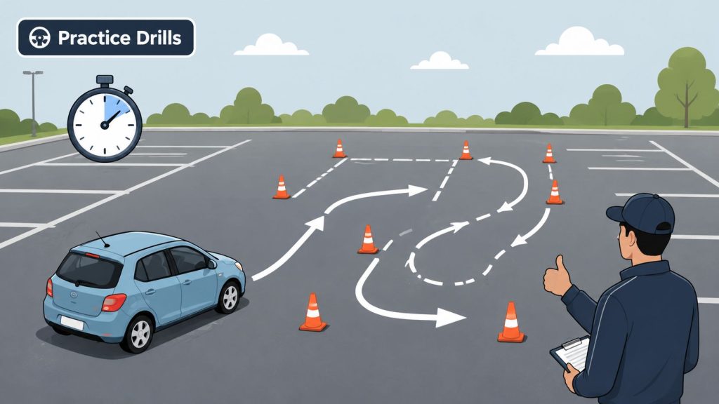 A driving instructor evaluating a student practicing parking maneuvers around traffic cones in a parking lot.