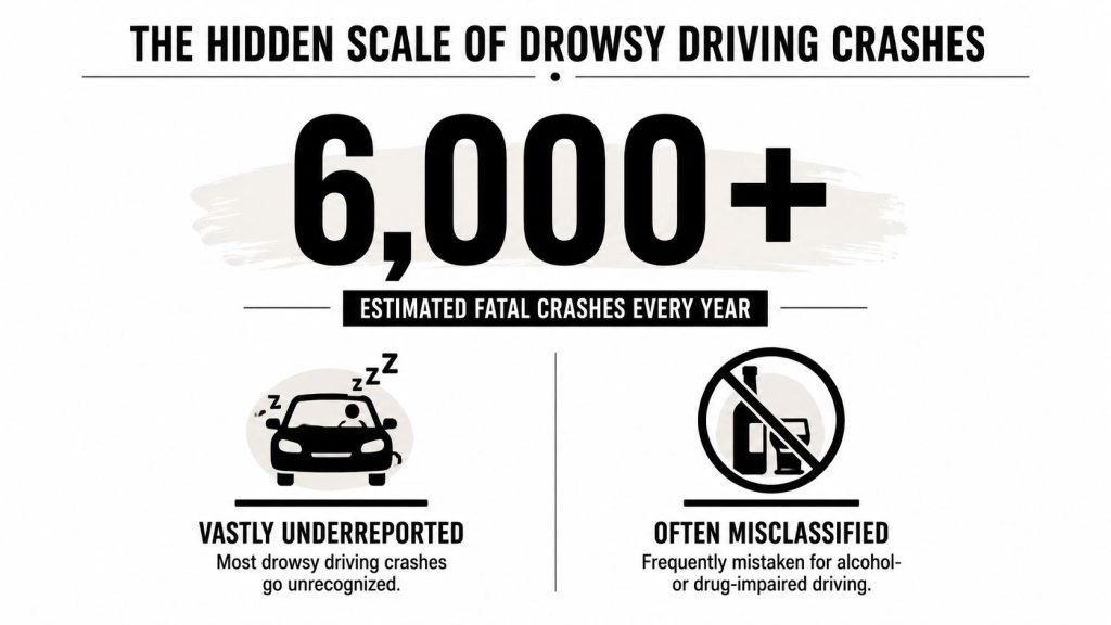 An infographic showing that drowsy driving causes over 6,000 fatal crashes each year, which are often underreported.
