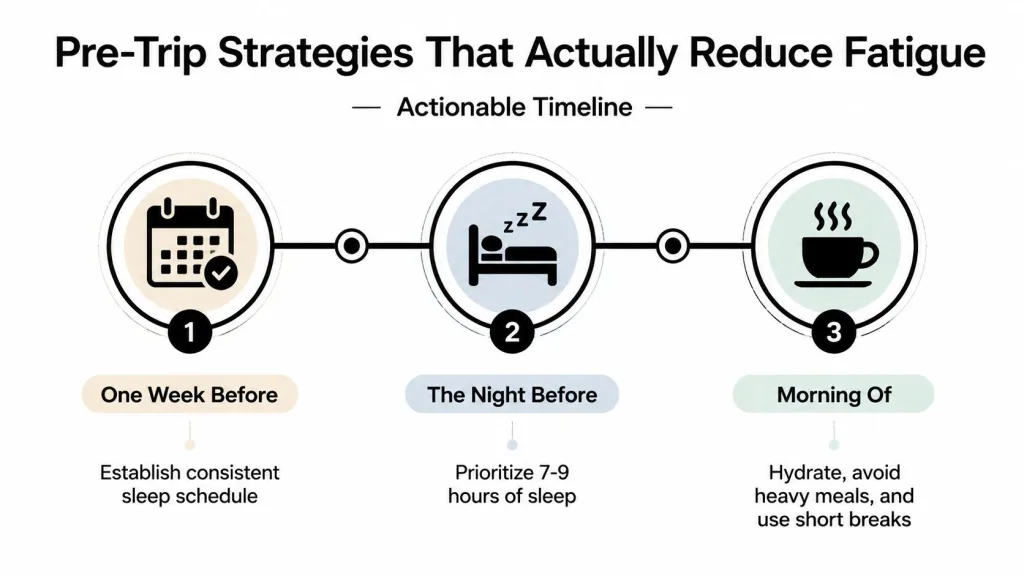 A timeline graphic illustrating three pre-trip strategies to reduce driver fatigue before starting a journey.
