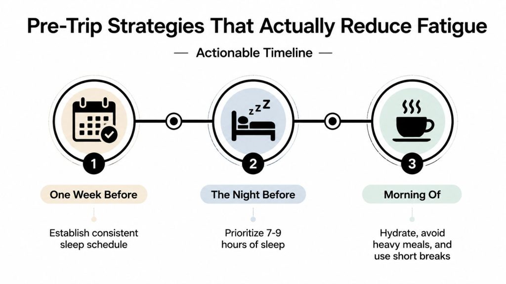 A timeline graphic illustrating three pre-trip strategies to reduce driver fatigue before starting a journey.