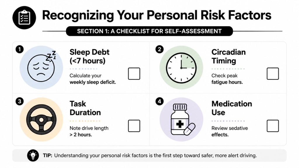 A checklist for recognizing personal risk factors for drowsy driving, including sleep debt, circadian timing, task duration, and medication.