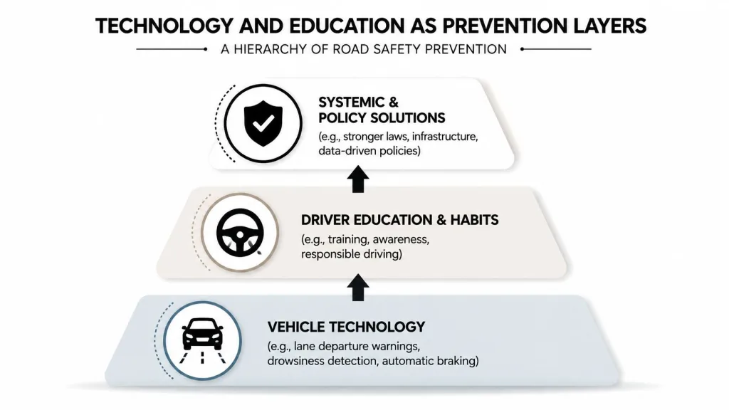 A hierarchical diagram illustrating layers of road safety prevention, starting from vehicle technology to systemic policies.