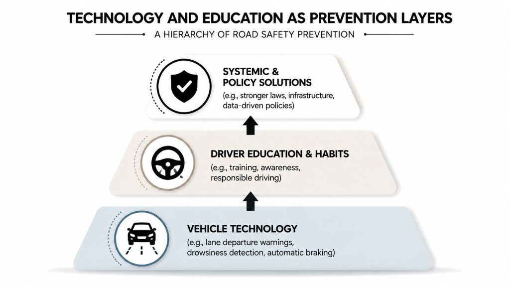A hierarchical diagram illustrating layers of road safety prevention, starting from vehicle technology to systemic policies.