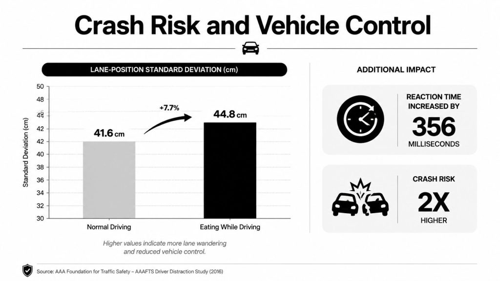An infographic showing that eating while driving increases lane wandering, slows reaction time, and doubles crash risk.