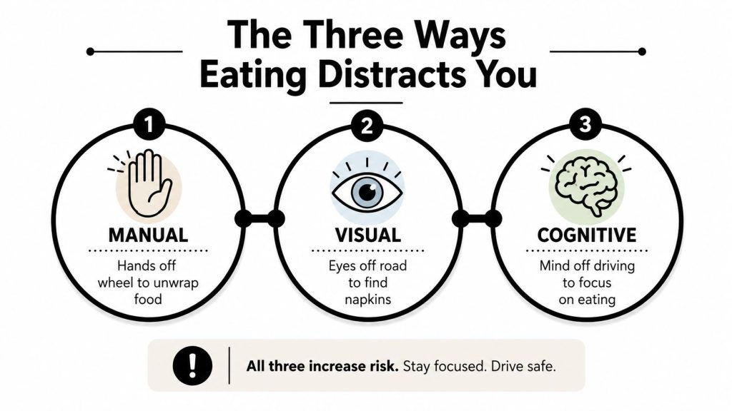 An infographic showing the three types of distractions caused by eating while driving: manual, visual, and cognitive.