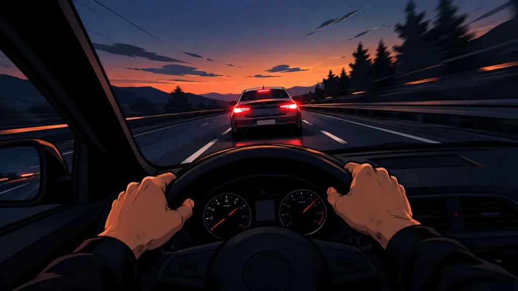 A first-person view from inside a car driving on a highway towards a sunset at dusk.