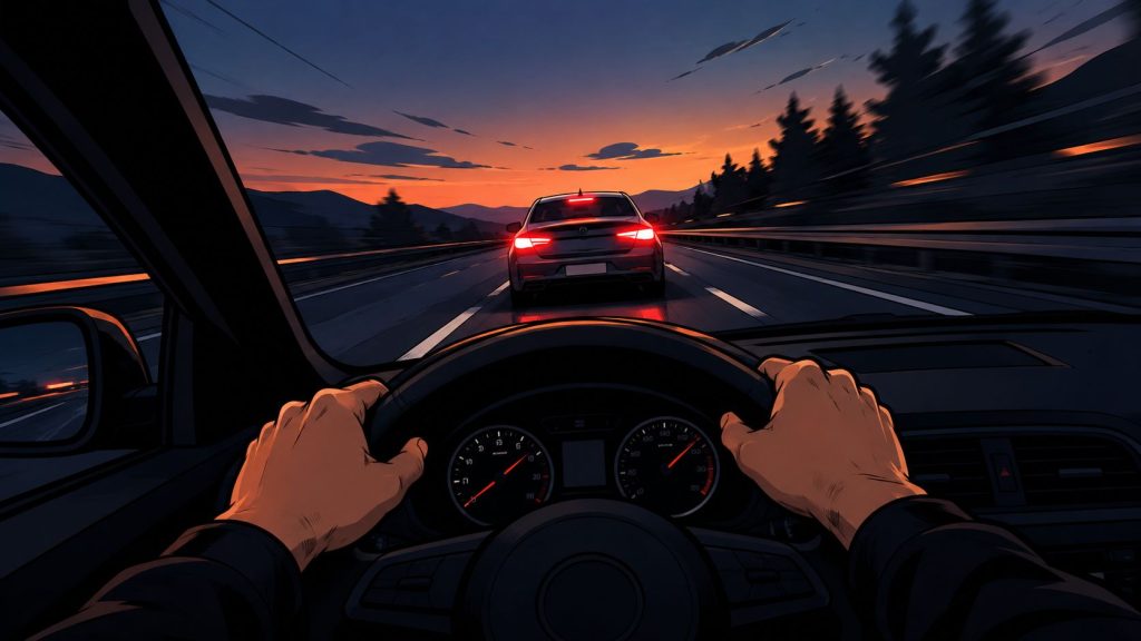 A first-person view from inside a car driving on a highway towards a sunset at dusk.