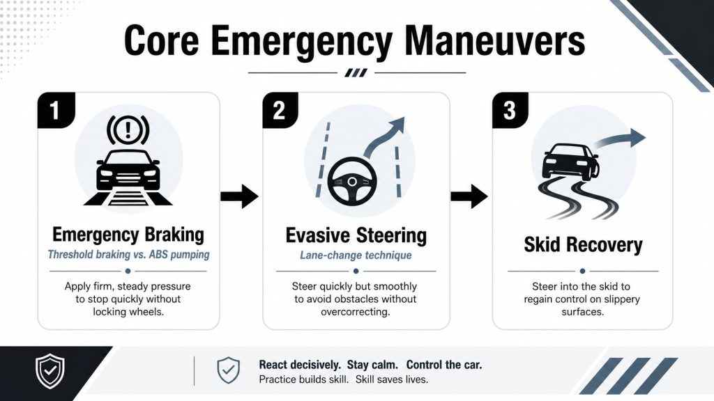 An infographic titled Core Emergency Maneuvers, illustrating emergency braking, evasive steering, and skid recovery techniques for drivers.
