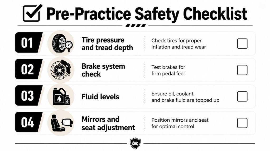 A pre-practice safety checklist for drivers outlining steps to inspect tires, brakes, fluids, and seat positioning.