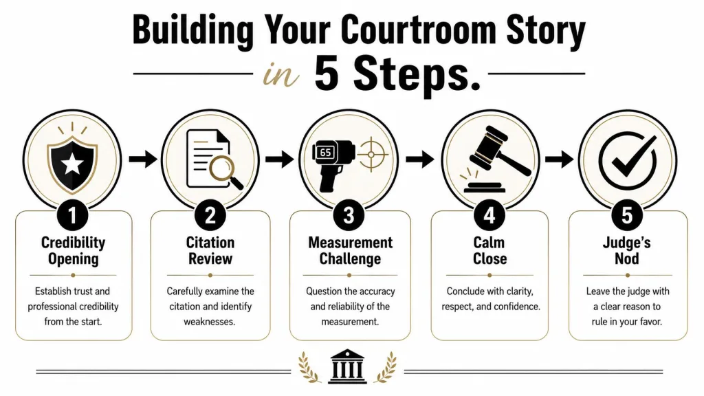 An infographic titled Building Your Courtroom Story in 5 Steps showing the process to contest a ticket.
