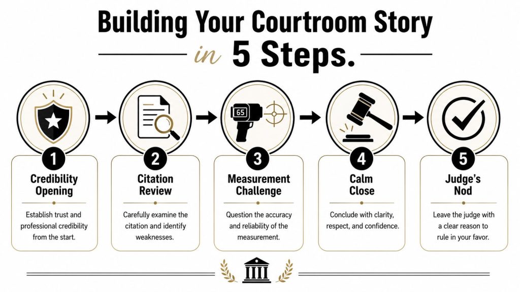 An infographic titled Building Your Courtroom Story in 5 Steps showing the process to contest a ticket.