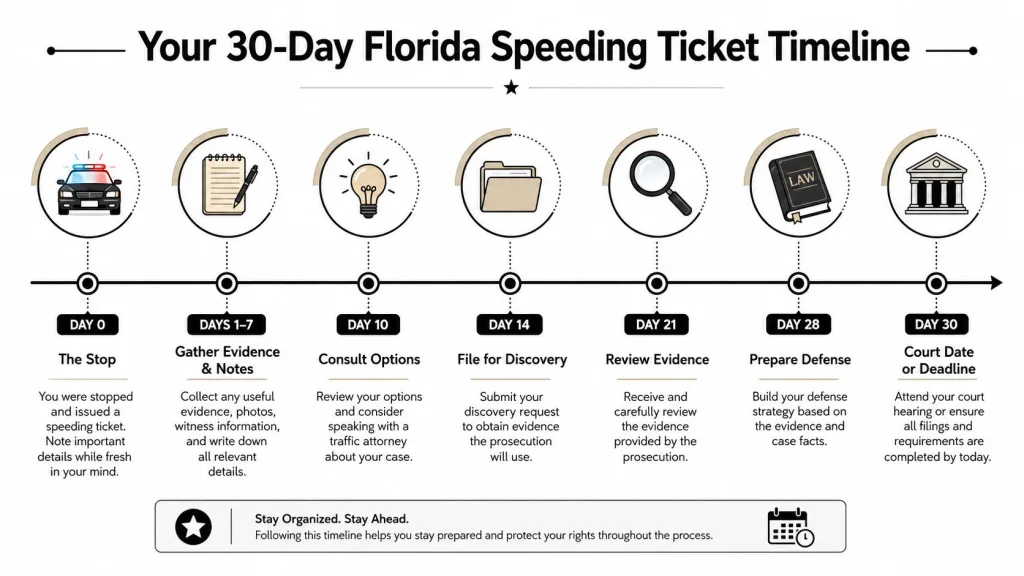 A timeline graphic illustrating the steps to follow over thirty days after receiving a Florida speeding ticket.