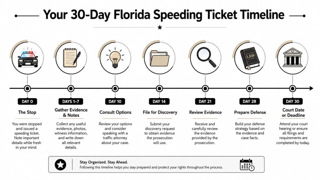 A timeline graphic illustrating the steps to follow over thirty days after receiving a Florida speeding ticket.