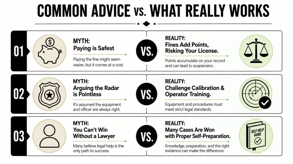 A comparison chart showing common myths versus reality when deciding how to fight a speeding ticket.