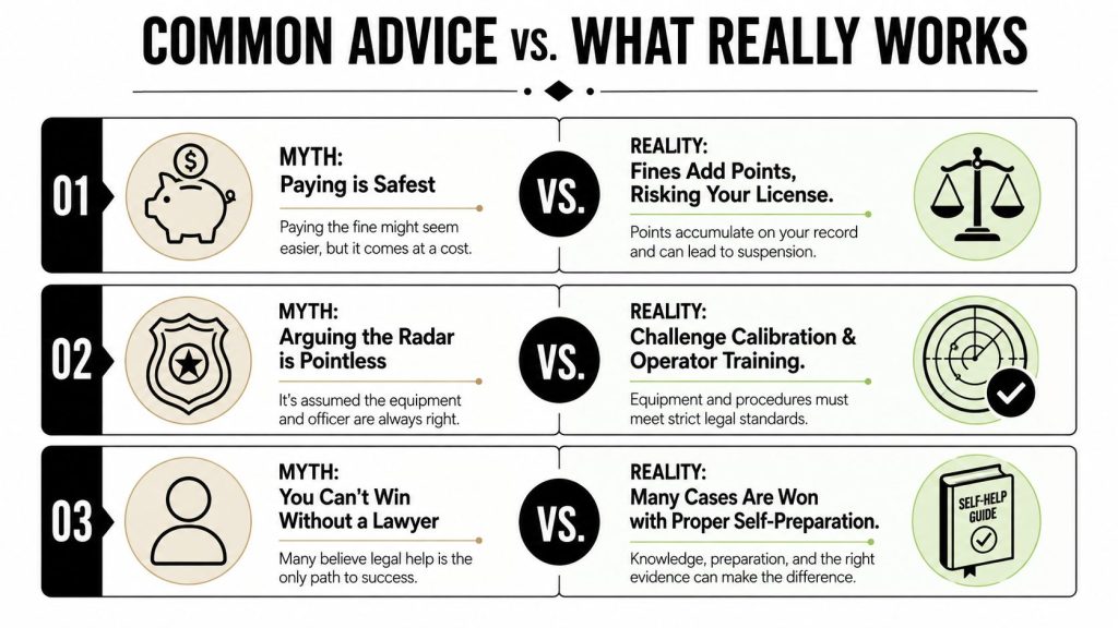 A comparison chart showing common myths versus reality when deciding how to fight a speeding ticket.