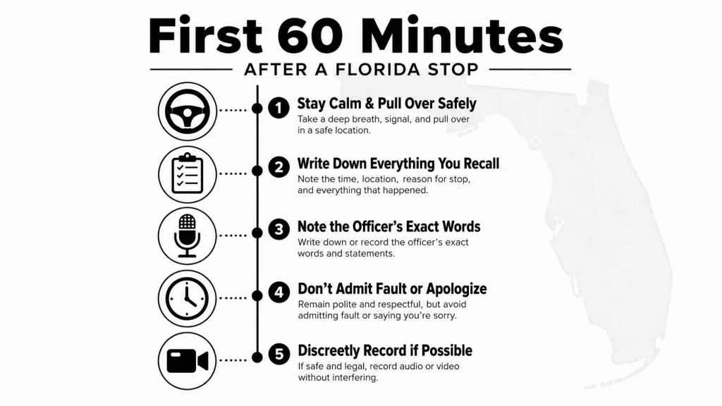 A list of five essential steps to follow during the first 60 minutes after a Florida traffic stop.