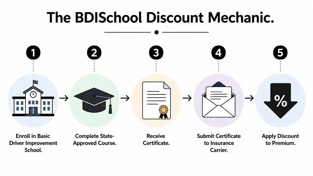 A five-step infographic showing how to get an insurance discount by completing a driver improvement course.