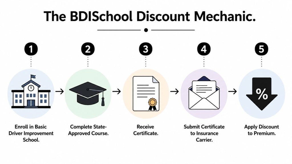 A five-step infographic showing how to get an insurance discount by completing a driver improvement course.