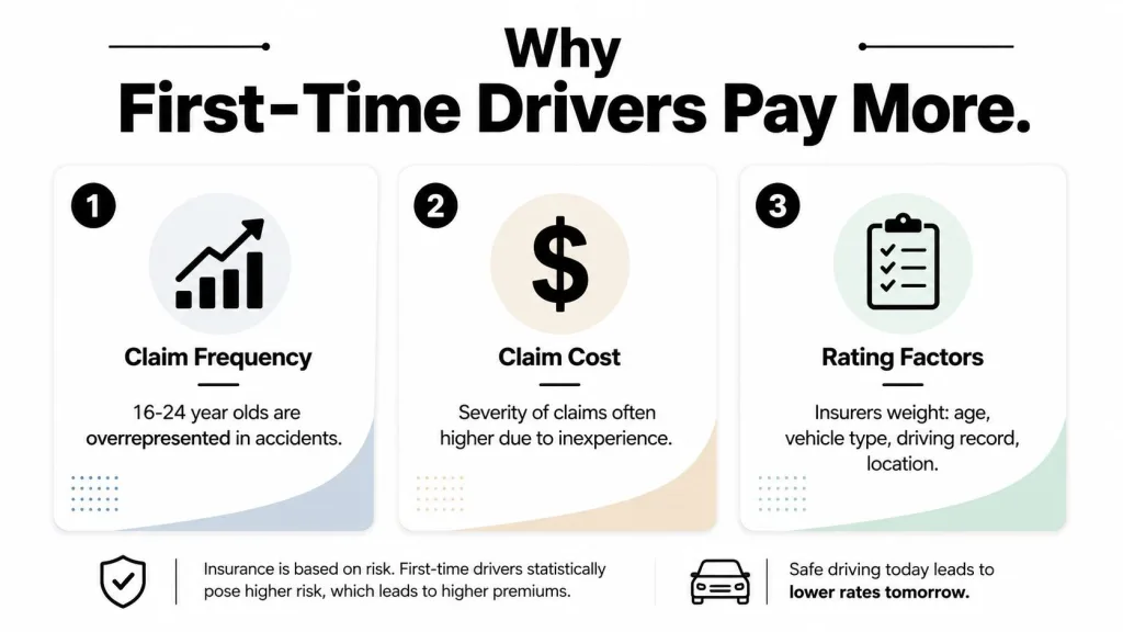 An infographic explaining why first-time drivers pay higher insurance premiums due to risk factors.