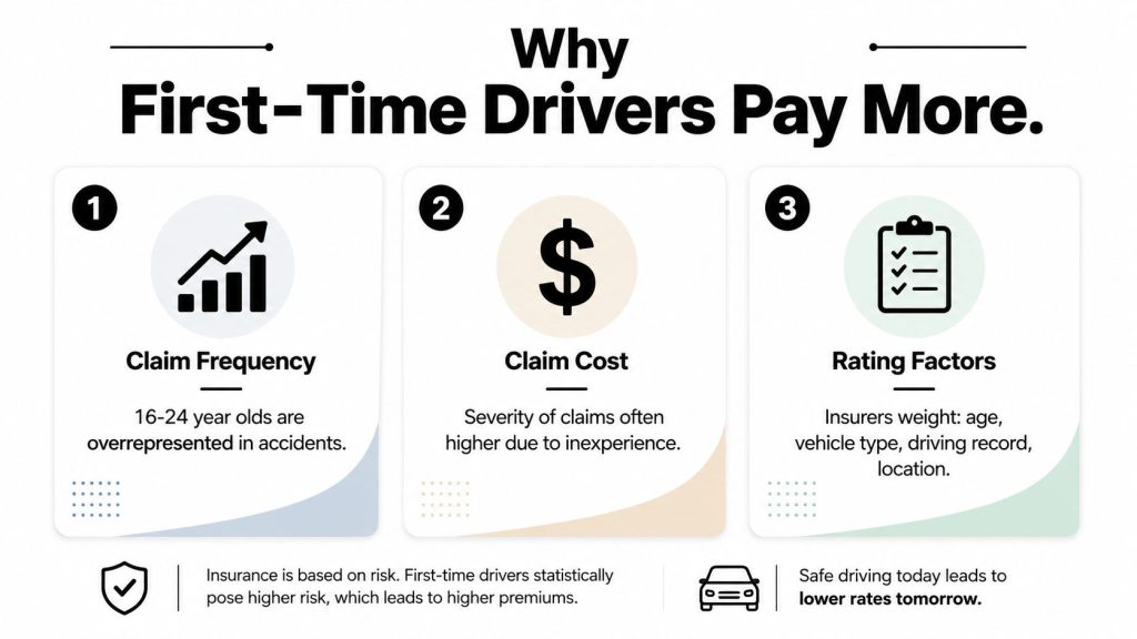 An infographic explaining why first-time drivers pay higher insurance premiums due to risk factors.