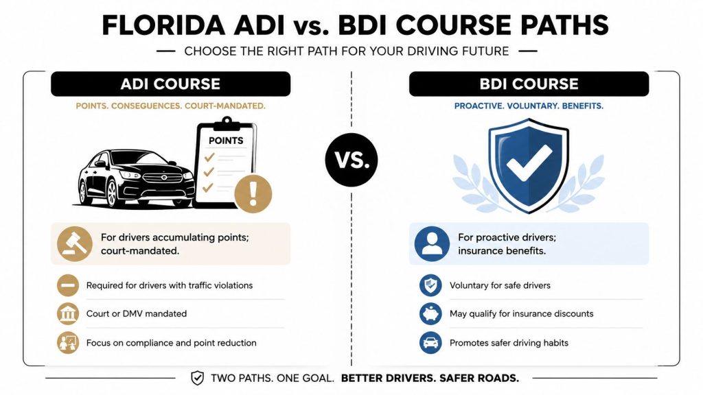 A comparison chart showing the differences between Florida ADI court-mandated courses and voluntary BDI driver courses.
