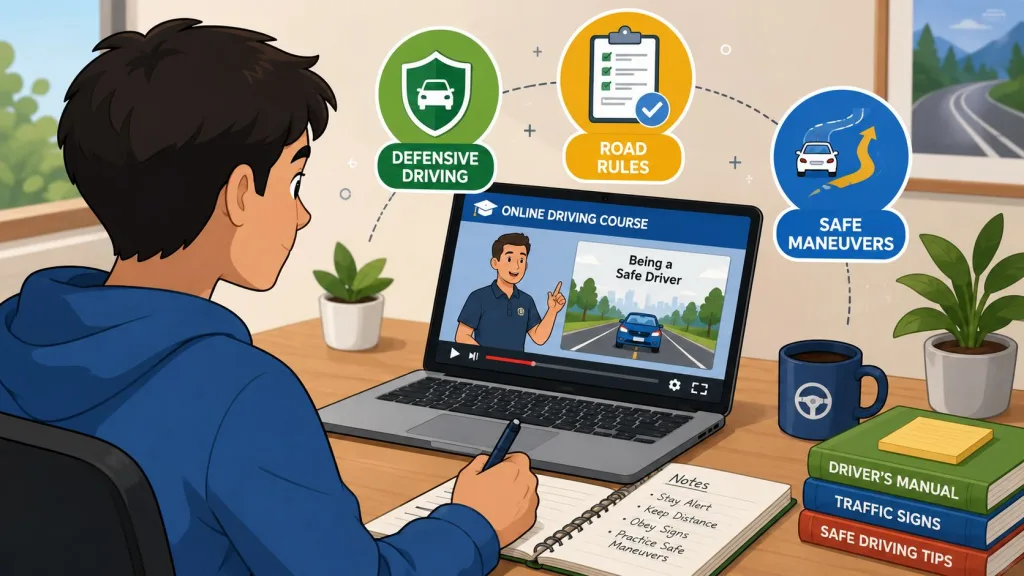 A student sits at a desk taking notes while watching an online driving course on their laptop.