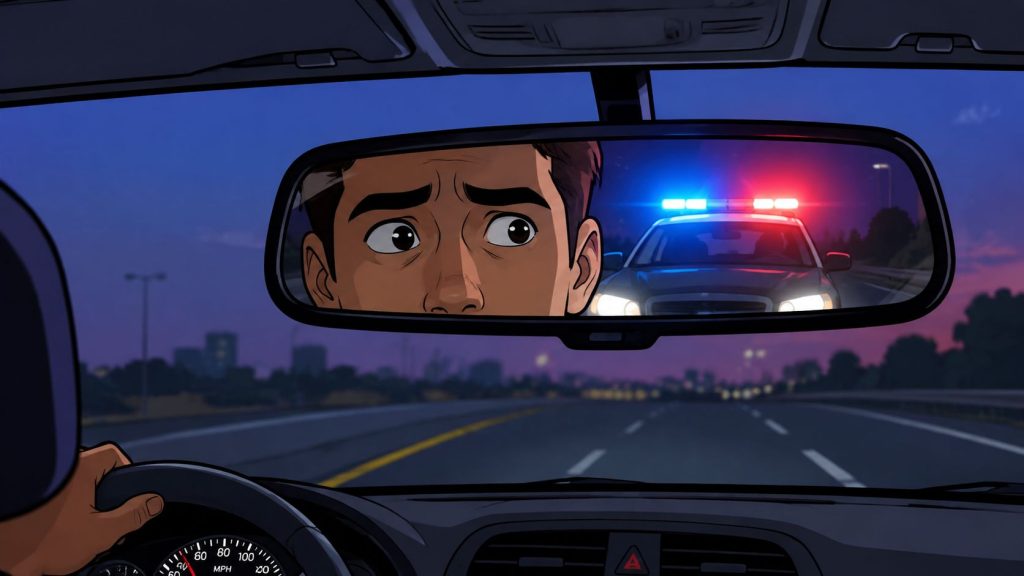 A driver looking anxious in the rearview mirror as a police car follows with flashing lights.