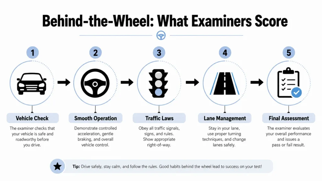 A five-step infographic illustrating what driving examiners evaluate during a practical behind-the-wheel driving test.