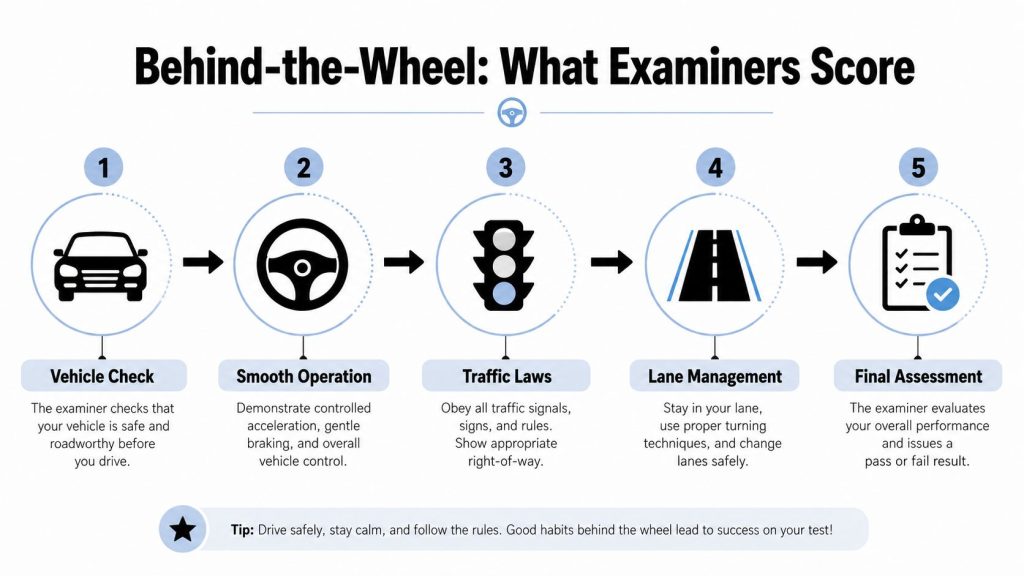 A five-step infographic illustrating what driving examiners evaluate during a practical behind-the-wheel driving test.