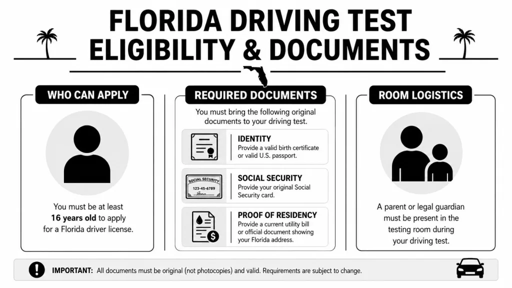 An infographic outlining the eligibility requirements and necessary documentation for taking a driving test in Florida.