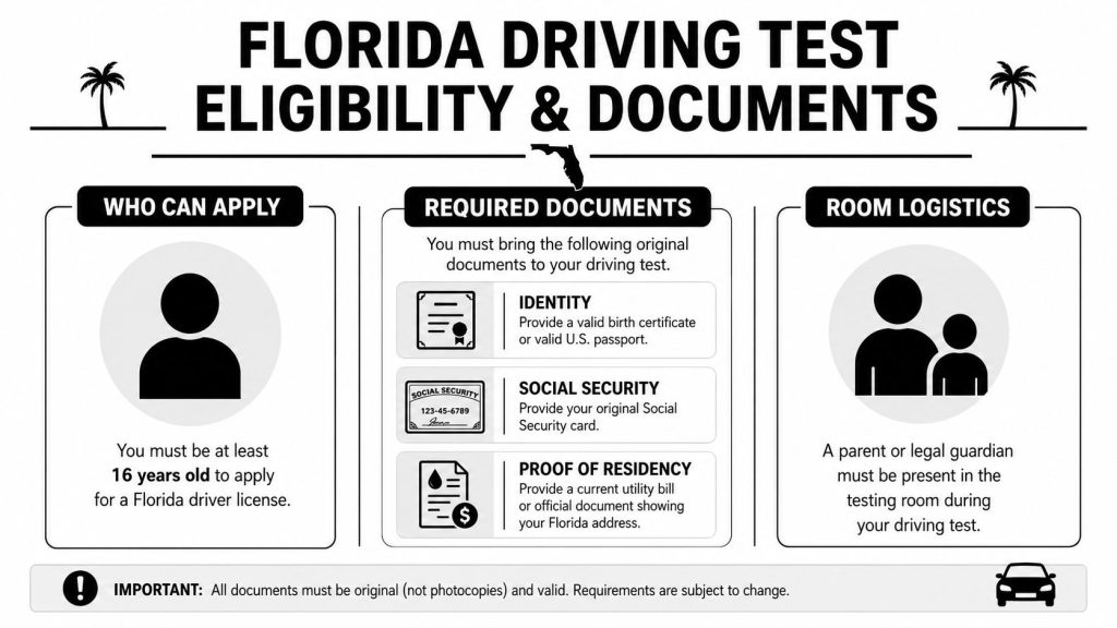 An infographic outlining the eligibility requirements and necessary documentation for taking a driving test in Florida.