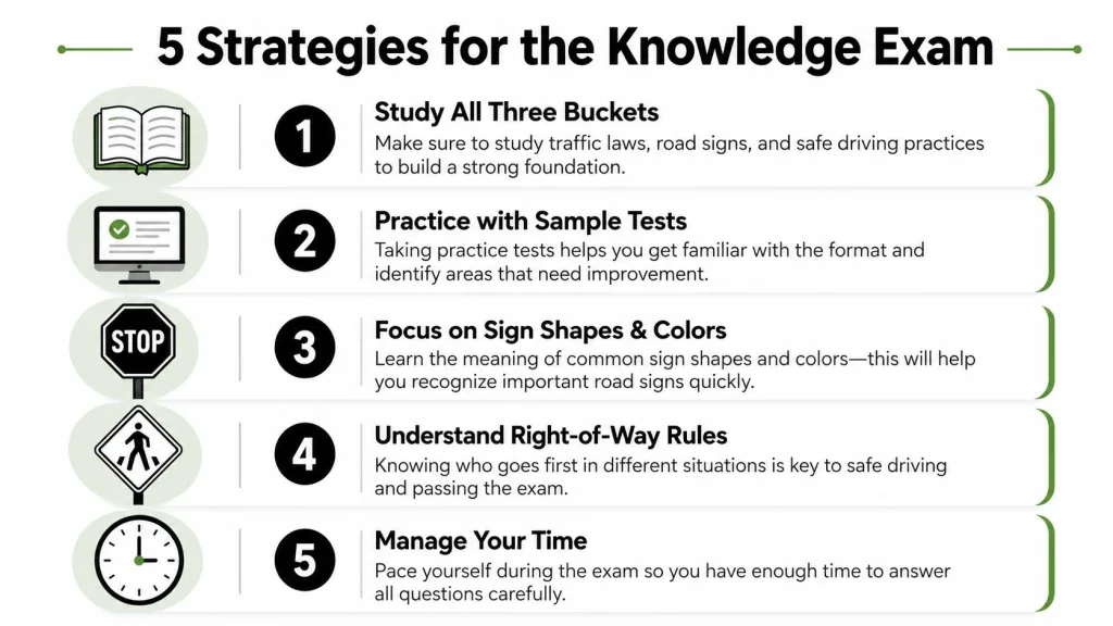 An infographic titled 5 Strategies for the Knowledge Exam, illustrating helpful tips for passing a driving test.
