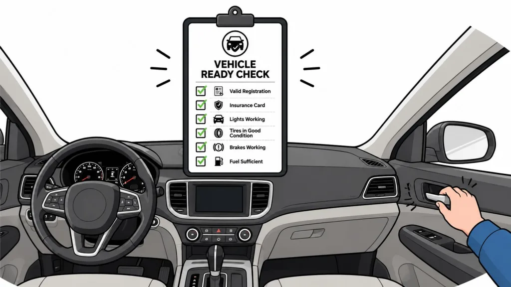 A digital illustration showing a vehicle ready check list inside a car interior before a test drive.