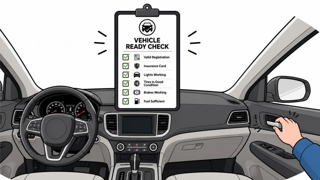 A digital illustration showing a vehicle ready check list inside a car interior before a test drive.