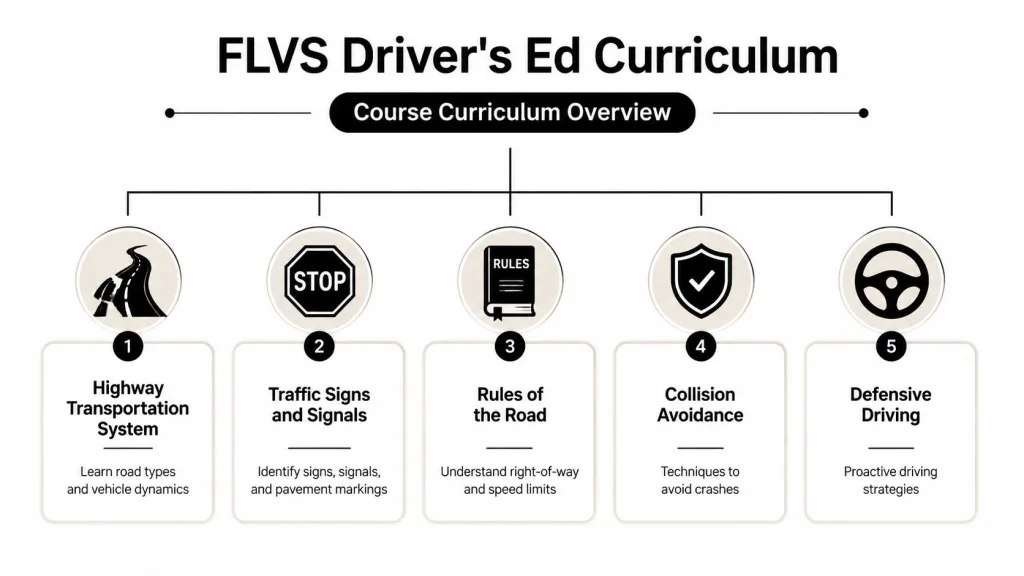 An infographic showing the FLVS Driver's Ed curriculum overview with five numbered sections on road safety topics.