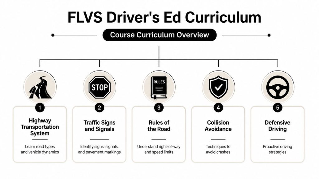 An infographic showing the FLVS Driver's Ed curriculum overview with five numbered sections on road safety topics.