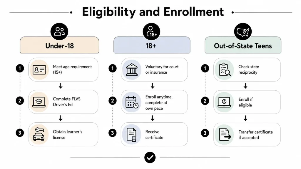 An infographic titled Eligibility and Enrollment explaining driver education requirements for different age groups and states.