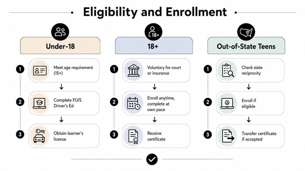 An infographic titled Eligibility and Enrollment explaining driver education requirements for different age groups and states.
