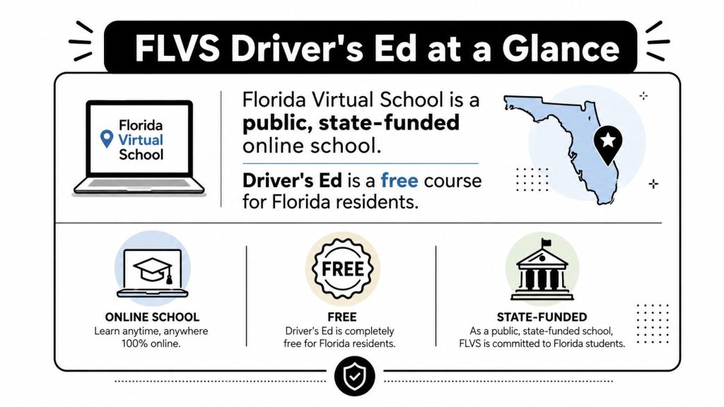 An infographic titled FLVS Driver's Ed at a Glance, highlighting that the course is free and online.