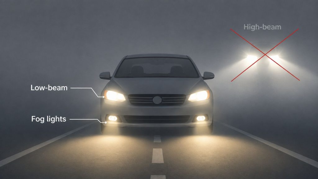 A car driving through thick fog using low-beam and fog lights, with high-beams crossed out.