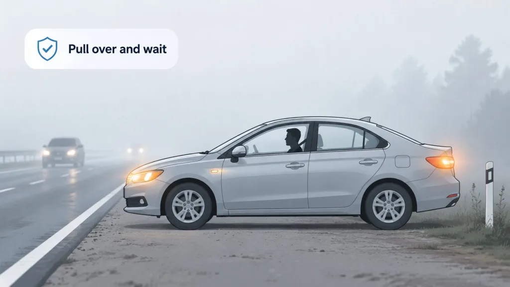 A silver car pulled over to the side of the road in foggy conditions for safety.