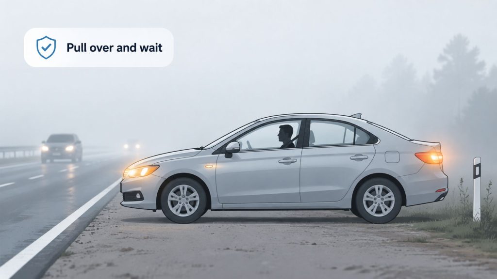 A silver car pulled over to the side of the road in foggy conditions for safety.